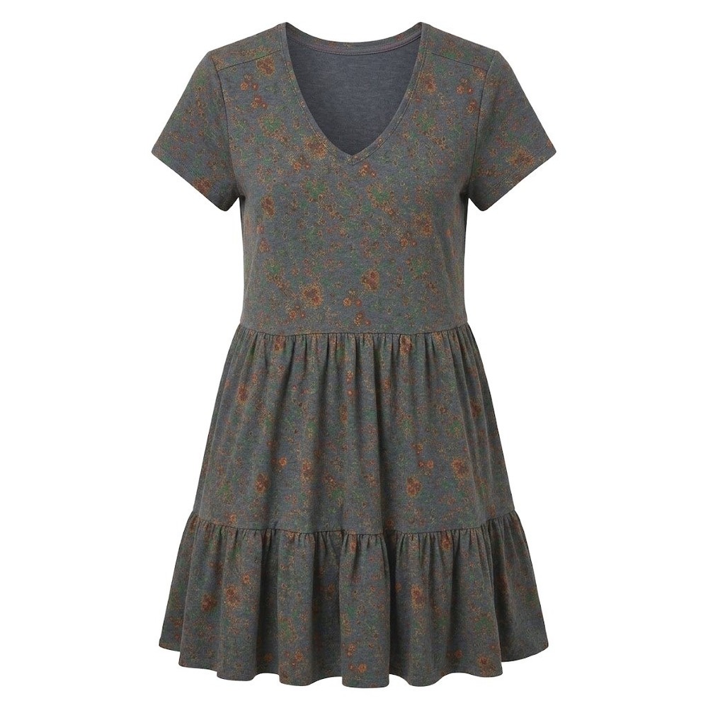 Toad & Co Womens Blue Floral Tiered V-Neck Short Sleeve Mini Dress Medium